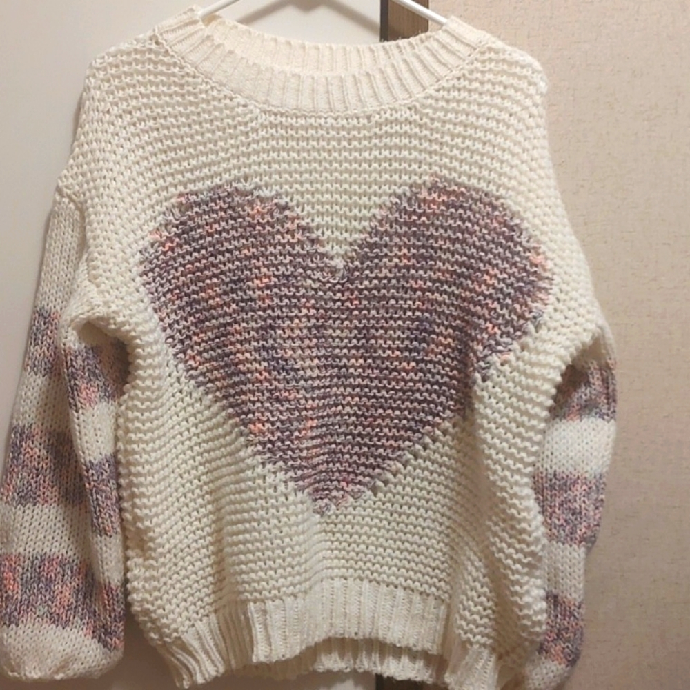 DREAMERS BY DEBUT Cream With Pink And Purple Long Sleeve Heart Pull Over Sweater
